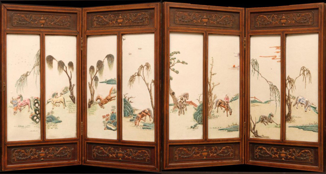 Pr ANTIQUE CHINESE PORCELAIN TABLE SCREENS: Pair of stunning antique Chinese enameled pottery 4 panel plaque table screens. Each screen has four porcelain panels having raised horses design. Also trees, people, fences and rock formations. 19th 