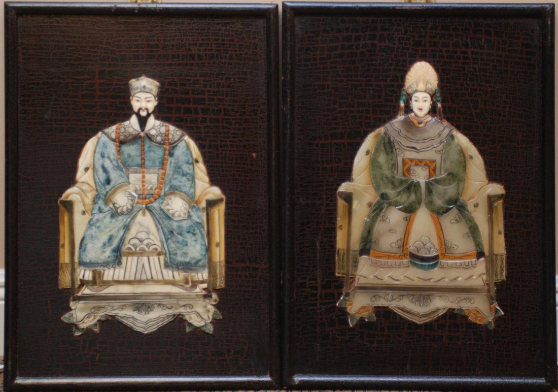 Pr OF HAND CARVED JADE & SOAPSTONE INLAY PLAQUES: Pair inlaid jade and soapstone emperor and empress plaque figures. Each finely carved depicting seated emperor and empress on thrones. 19th/20th century. Each measures approximately 22" height x 16" w