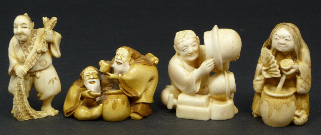 4 JAPANESE HAND CARVED IVORY FIGURES SIGNED: 4 Japanese ivory figures. Lot includes two netsuke figures. One a fisherman and the other a tea stained group of 2 sages drinking soup. Next is a figure of a woman with folding fan standing over a pot
