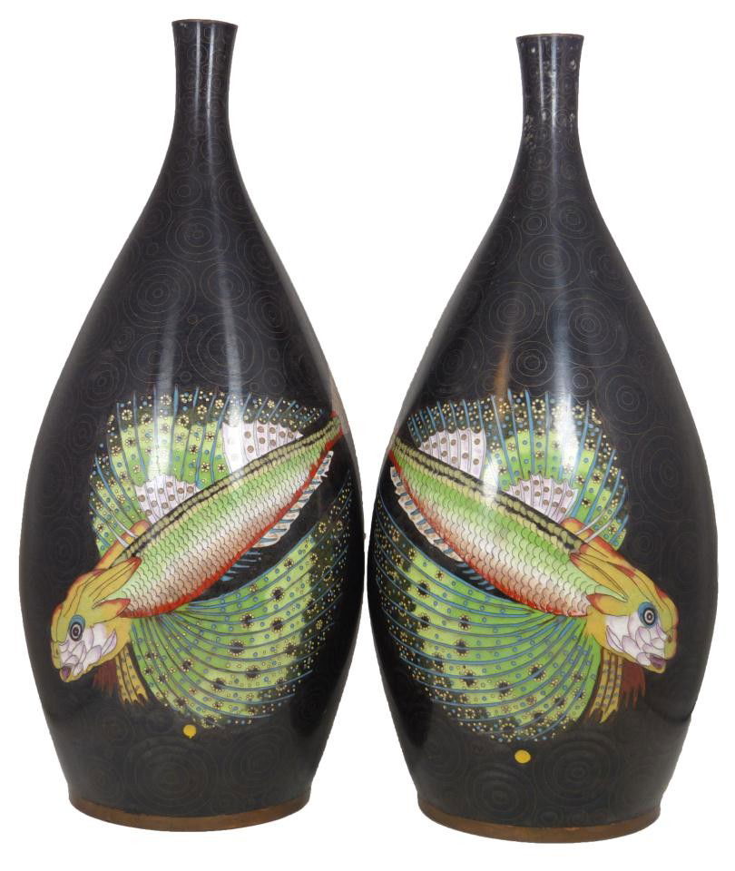 Pr ANTIQUE CHINESE BRONZE CLOISONNE FISH VASES: Pair of large Chinese bronze and enamel cloisonne vases. Each has vivid enameled design depicting fish with lush colorful fins over black background. 19th century. Each vase measures approx. 20" heigh