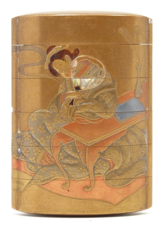 ANTIQUE JAPANESE WOODEN LACQUER MAIDEN INRO BOX: Very fine Japanese hand crafted and painted lacquered wood inro box. Depicts a maiden in layered robe seated near a table and holding a fan with mother of pearl inlay work. Verso depicts a landscape s