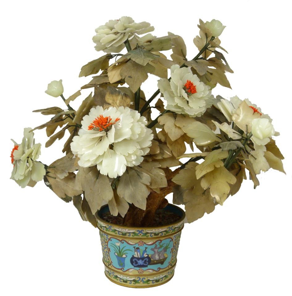 CHINESE CARVED JADE LEAF TREE IN CLOISONNE POT: Chinese hand crafted carved white jade leaf tree. Has cloisonne pot with vivid enameling depicting scrolled floral decorations and scrolls with flower pot scenes. Measures 21" height x 21" width (53.3