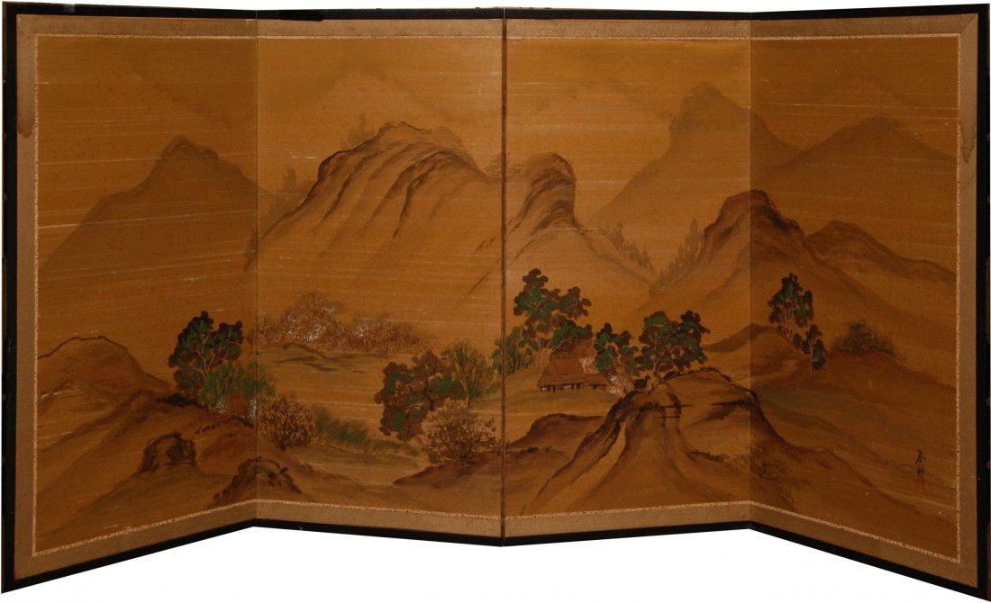 ANTIQUE CHINESE 4 PANEL OIL PAINTING ON SILK: Antique Chinese 4 panel screen holding an oil painting on silk. Signed lower right with calligraphy and 1 seal. 19th century. Measures 36" height x 74" width (91.4cm x 187.9). Each panel 18 1/2" width