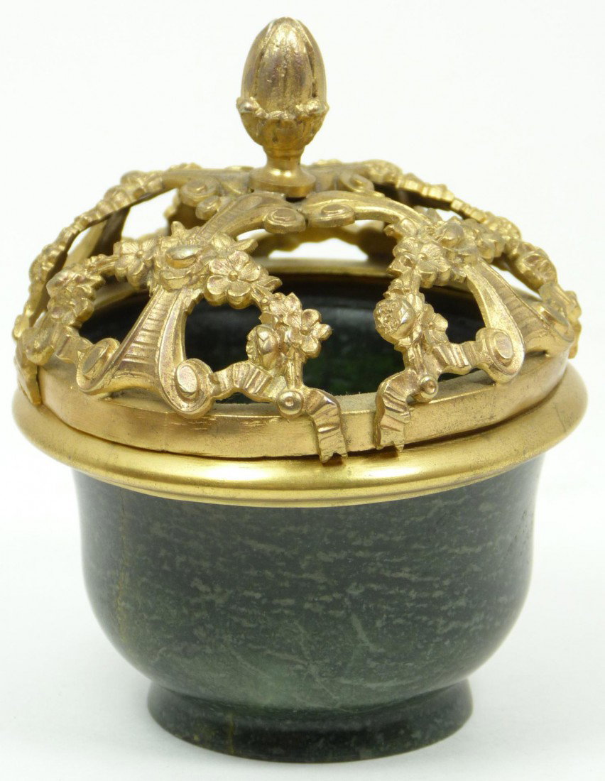 CHINESE NEPHRITE JADE BOWL WITH BRASS COVER: Chinese carved nephrite jade bowl having reticulated screen with western style floral garlands. Measures 3 5/8" height x 2 7/8"diameter (9.2cm x 7.3cm). Total weight of 165 grams.