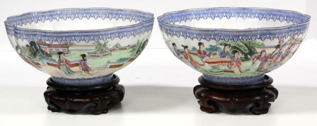 Pr CHINESE MING EGGSHELL PORCELAIN BOWLS: Pair of Chinese Ming Dynasty period egg shell porcelain bowls on wooden stands. Each has hand painted enameled design depicting a courtyard scene with the Emperor, courthands and maidens. Holds Ming R