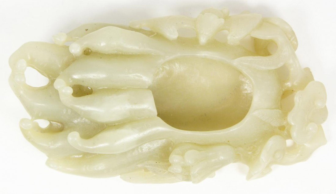 ANTIQUE CHINESE WHITE JADE BUDDHAS HAND COUPE: Antique Chinese hand carved white jade coupe scholar's desk water pot. Has a beautiful fully relief carved figural Buddha's hand citron design depicting with bats and lingzhi with stalks. Beautiful tr