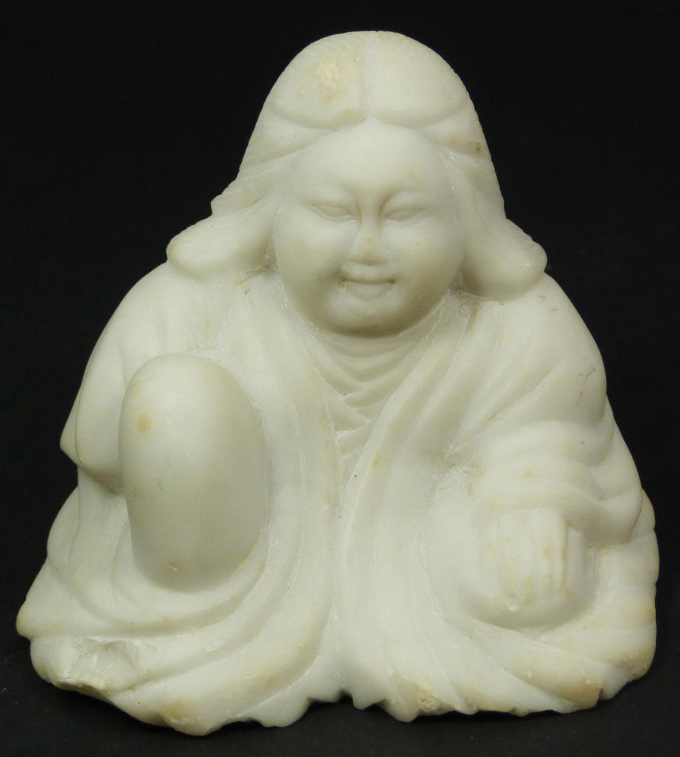 CHINESE CARVED WHITE STONE EROTICA WOMAN FIGURE: Antique Chinese hand carved white stone erotica figure depicting a seated woman in robe. Underside depicts an erotica scene. 19th/20th century. Measures 3 1/8" height x 3 1/2" width (7.9cm x 8.9cm). T