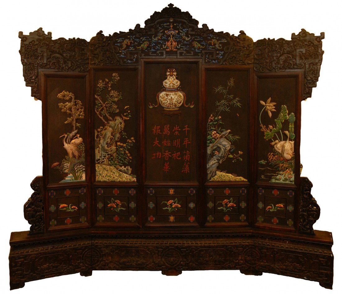 18th C CHINESE ZITAN WOOD IMPERIAL THRONE SCREEN: A large 5 panel throne screen made from Zitan wood. This throne was possibly given as a wedding presentation for someone of high imperial status. The use of Zitan for furniture was especially favored 