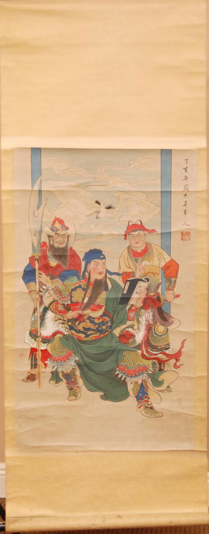 WU FUZHI CHINESE WATER COLOR DEPICTING GUAN YU: Wu Fuzhi (CHINESE, 1900-1977) Chinese water color on paper in scroll. Depicts General Guan Yu with Zhang Fei. Crane can be seen with clouds in the background. Signed upper right with calligraphy and o
