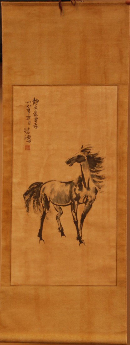 BEIHONG CHINESE WATER COLOR OF HORSE: Watercolor on paper in scroll depicting a horse. Attributed to Xu Beihong (CHINESE, 1895-1953). Measures 35" height x 18 3/4" width (88.9cm x 47.6cm).
