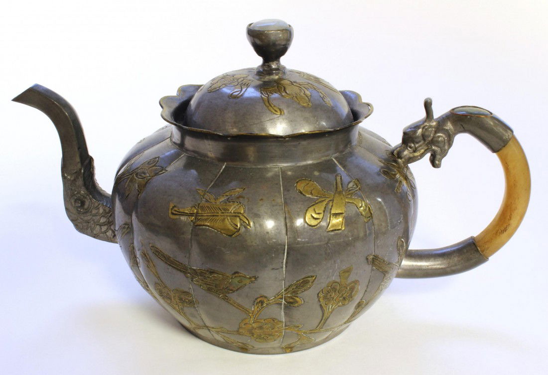 9 ANTIQUE CHINESE PEWTER, GOLD, & JADE TEAPOT