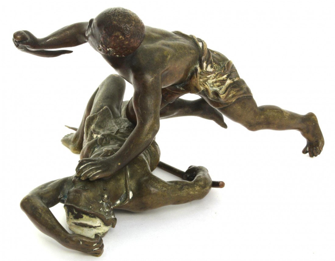 Pr AUSTRIAN BRONZE BEDOUIN FIGURES: Attributed to Franz Bergman. The pair is locked in a life and death struggle. Each is approx. 6.5" (16.51cm) long. Total weight 960 grams.
