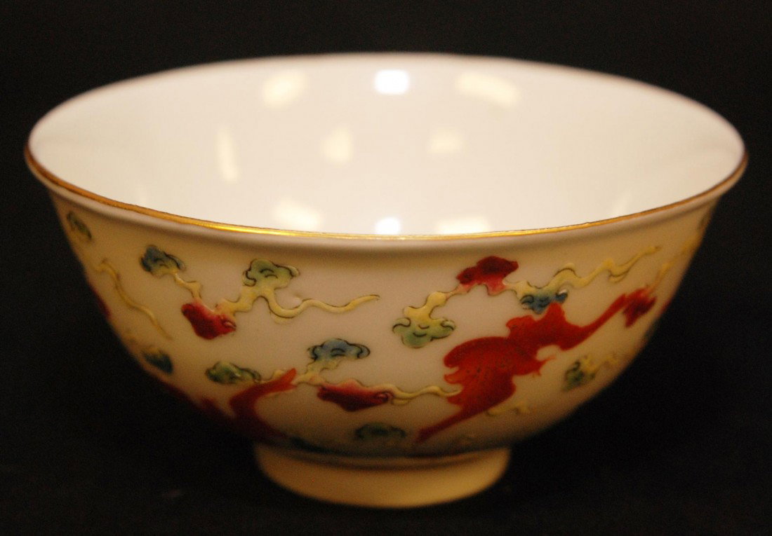 19th C CHINESE GUANGXU PORCELAIN BATS BOWL: Antique Chinese porcelain hand painted wine cup depicting bats with lingzhi stalks throughout exterior. Holds GUANGXU (1875 -1908) reign mark to bottom. Made of the period marked. 19th century. Measur