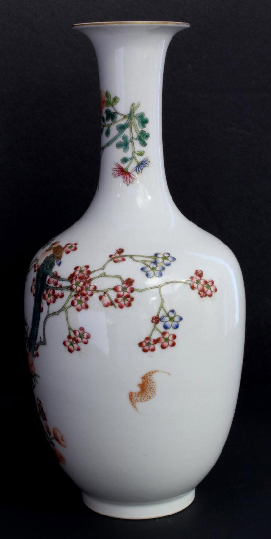18th C CHINESE OLIVE SHAPE PINK PORCELAIN VASE: Fine antique Chinese pink porcelain hand painted olive shape vase. Depicts plum flowers with birds and bats. Holds QIANLONG (1735 -1796) reign mark to bottom. Made of the period marked. Measures appro