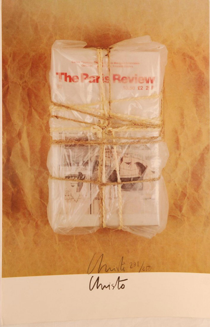 JEANNE CLAUDE CHRISTO CANVAS LITHOGRAPH: Jeanne-Claude Christo (AMERICAN, 1935 - 2009) lithograph depicting The Paris Review wrapped in plastic canvas and bundled with rope over wrinkled brown paper background. Hand signed "Christo" with cha