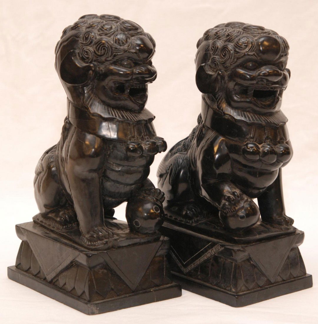 92 PAIR OF CHINESE CARVED BLACK STONE FOO DOG FIGURES