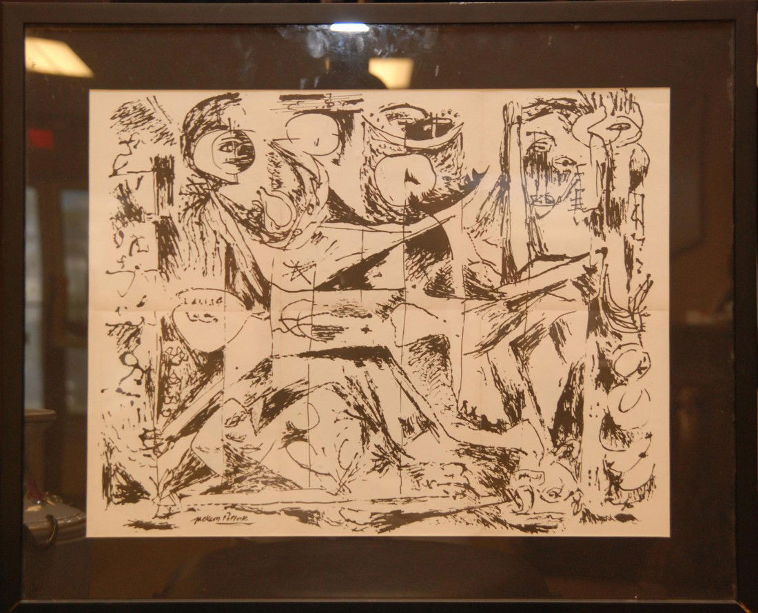 JACKSON POLLOCK BETTY PARSONS GALLERY INVITATION: Jackson Pollock (AMERICAN, 1912-1956) first invitation to the Jackson Pollock showcase. Verso having Jackson Pollock print. Mounted in frame and behind glass to both sides. Measures 16 3/4" height x 2