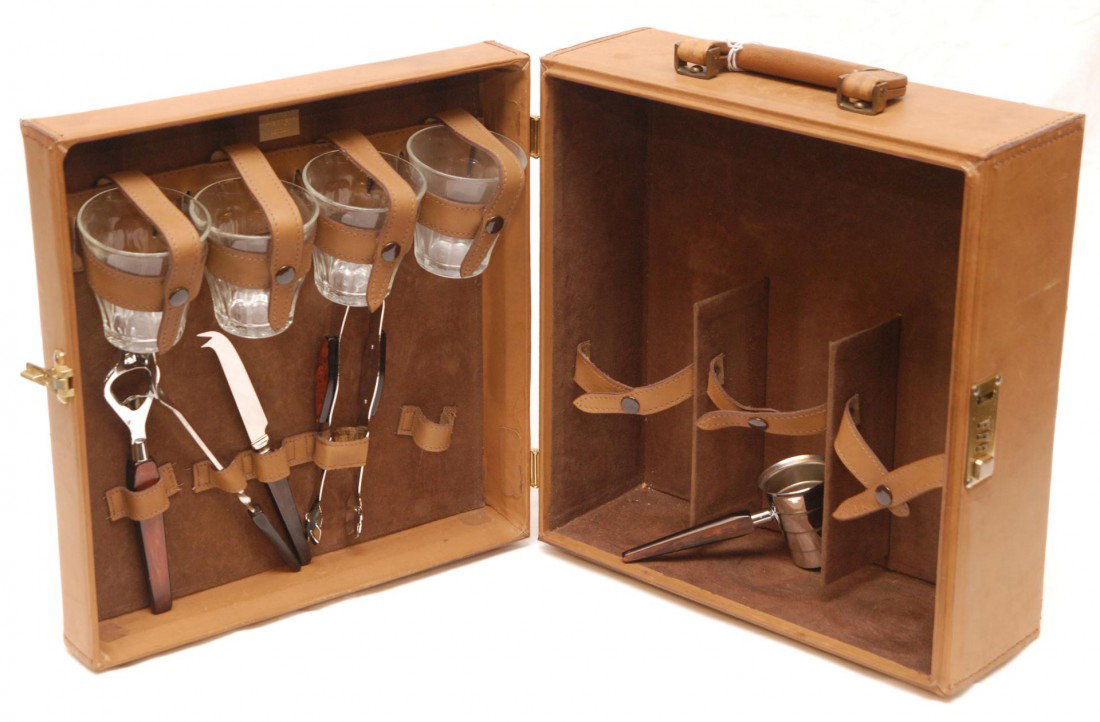 ASPREY LONDON COCKTAIL SET w BOX: Asprey London cocktail set including 4 cups, bottle opener, lemon knife, sugar spoon, measure cup and tongs in fitted locking box. Box measures 13 1/4" length x 12 1/2" height x 6 1/2" depth (33.6cm x