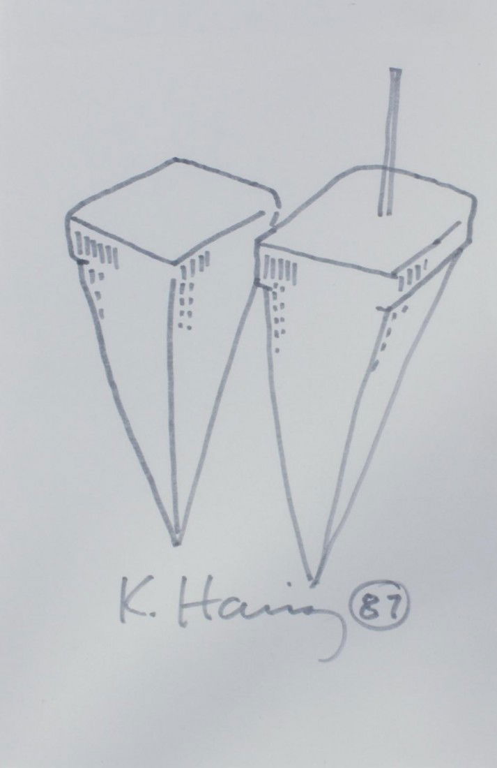 WTC MARKER ON PAPER SKETCH ATTR. TO KEITH HARING: Keith Haring (AMERICAN, 1958-1990) marker on paper sketch depicting World Trade Center Twin Towers. Signed and dated "K. Haring 87" to lower center. Attributed to Keith Haring. Measure 8 1/2" height x