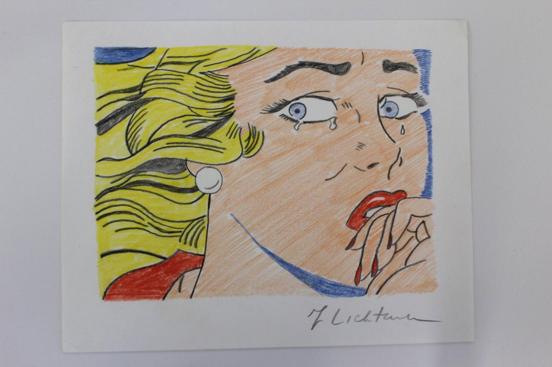 ROY LICHTENSTEIN PENCIL SKETCH OF CRYING GIRL: Roy Lichtenstein (AMERICAN, 1923-1997) pencil sketch depicting a crying girl with yellow , blue and red colors. Signed and dated "R. Lichtenstein" to lower right. Attributed to Roy Lichtenstein. Measu