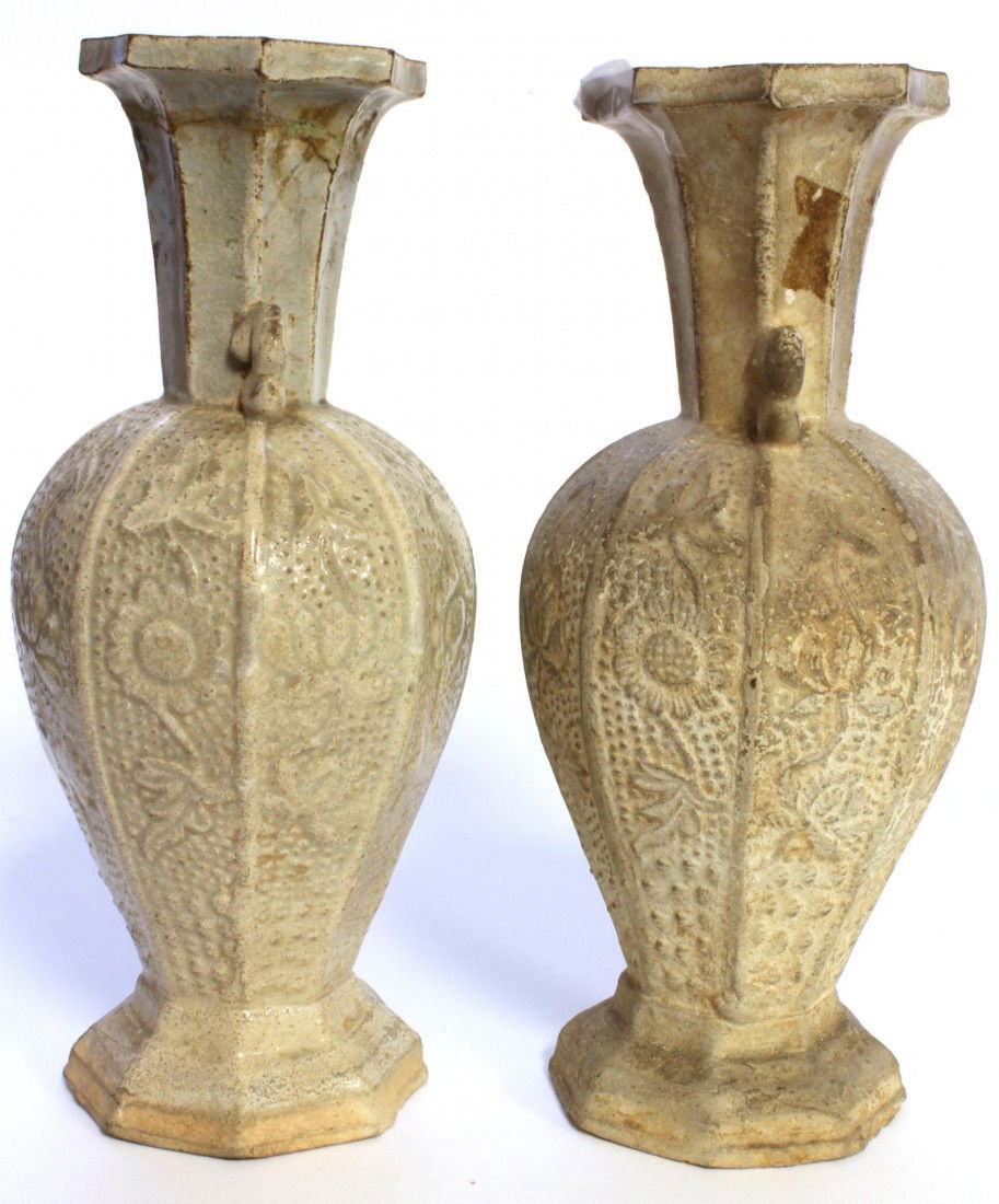 Pr. SUNG/YUAN CHINESE WHITE GLAZED POTTERY VASES: Pair of antique Chinese white glazed pottery vases. Each has hexagon shape raised floral and rice pattern design. Circa Song (960–1279) to Yuan (1271–1368) Dynasty. Each measures approx. 8" height