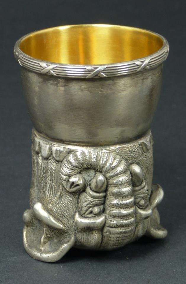 IMPERIAL RUSSIAN SILVER ELEPHANT CUP RAPPOPORT: Imperial Russian silver figural elephant cup having gold wash interior. Has town marks and 88 silver purity marks to bottom. Also holds Julius Rappoport's "I.P." workmaster mark to bottom. Measures 2 