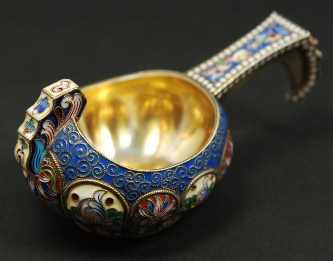 RUSSIAN ENAMELED SILVER FLORAL KOVSH GRACHEV: Fabulous Russian silver kovsh. Has multicolor scrolled ribbed panel floral design throughout exterior completed with filigree rope techniques. Bulging tear drop panels with floral designs. Gold wash i