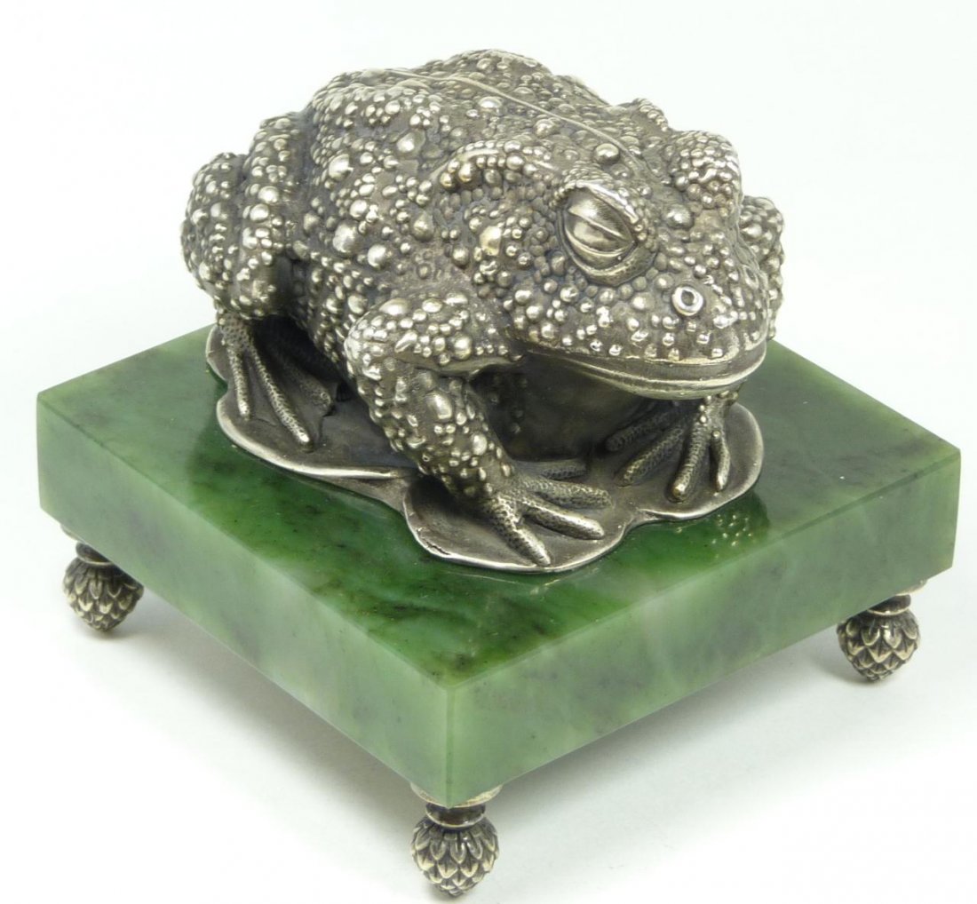 IMPERIAL RUSSIAN SILVER FROG NEPHRITE RAPPOPORT: Large Russian silver frog figure set on spinach green nephrite jade square base. Base is suspended upon four acorn feet. Holds town marks and 84 silver purity marks. Also holds Julius Rappoport's "I.P