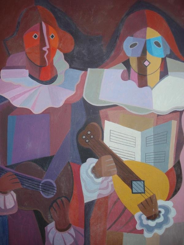 EMILIO PETTORUTI OIL ON CANVAS OF 2 PIERROT: Emilio Pettoruti (1892-1971) Argentina. Cubist presentation of musicians as harlequins theme in geometric precision with guitar and mandolin. In the recurring motif of lyrical influence this Abstract