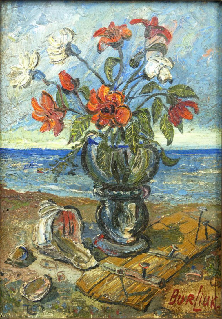 DAVID BURLIUK OIL ON PANEL OF STILL LIFE: David Davidovich Burliuk (American/Russian 1882 - 1967). Depicts flowers on table with coastal background. Singed lower right. Measures 7" height x 5" weight + 1 1/4" (17.7cm x 12.7cm + 3.1cm) mat and