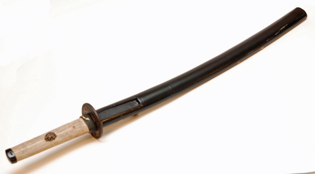 JAPANESE WAKAZASHI SHORT SWORD w IRON TSUBA: Old Japanese Wakazashi short katana sword having an iron tsuba with raised gilded floral tree design. Handle has mounted dragon menuki emblems. Rayskin grip. Raised gold bird designs to fuchi collar. 