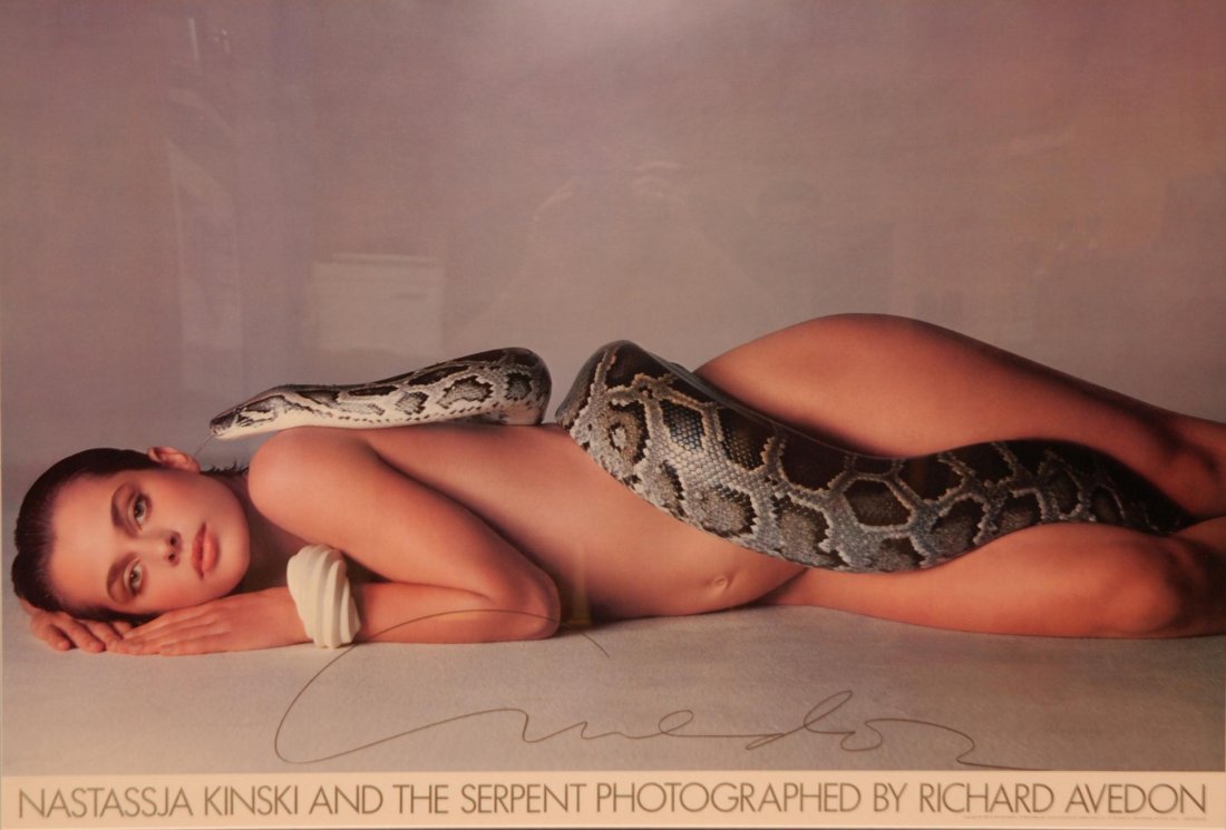 RICHARD AVEDON SIGNED POSTER OF NASTASSJA KINSKI: Richard Avedon (AMERICAN, 1923-2004) signed poster titled "Nastassja Kinski and the Serpent". Print of photography by Richard Avedon. Distributed by Gallery Prince, Inc. Copyright 1981. Pencil sign lo