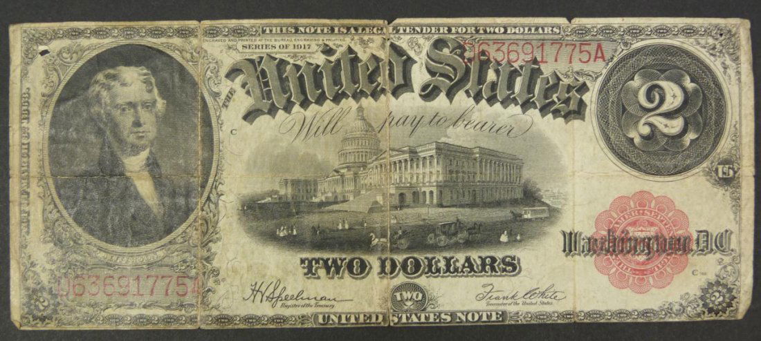SERIES 1917 A $2 TWO DOLLAR BILL UNITED STATES: Series 1917 two dollar bill. Serial number D63691775A.