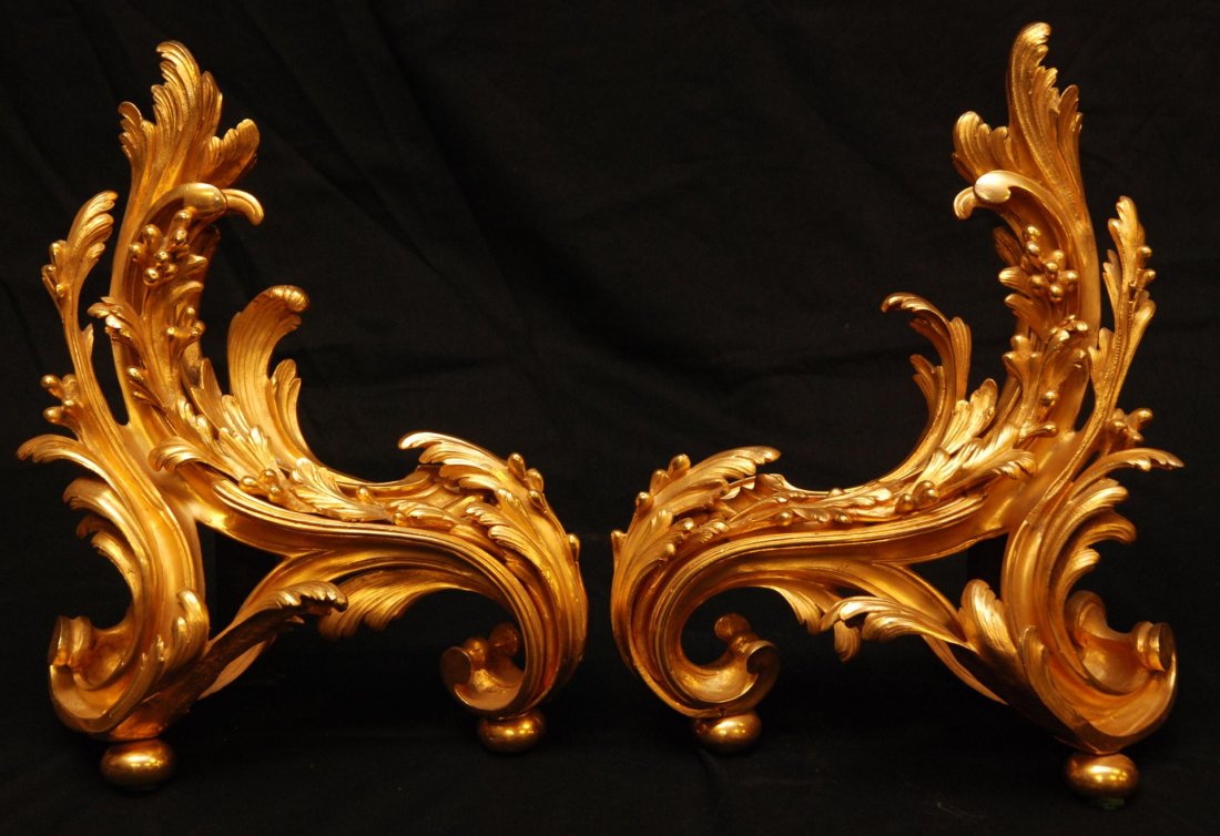 Pr FRENCH DORE BRONZE CHENET SIGNED MORISOT: Pair of Auguste Morisot (1857-1951) French Dore Bronze chenets or andirons. Each gilded throughout with scrolled design. Each signed "Morisot". Late 19th century. Andirons measure approx. 15" height x