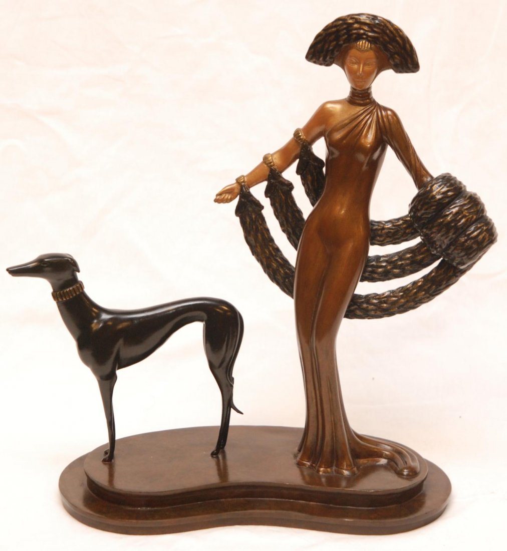 ERTE BRONZE FIGURE OF WOMAN "ELEGANCE": Erté (Romain de Tirtoff) (1892-1990) (RUSSIAN/FRENCH, 1892-1990) bronze sculpture depicting a woman standing with a greyhound dog. Titled "Elegance". Dated 1980 and numbered 175/250. Measures 16" hei