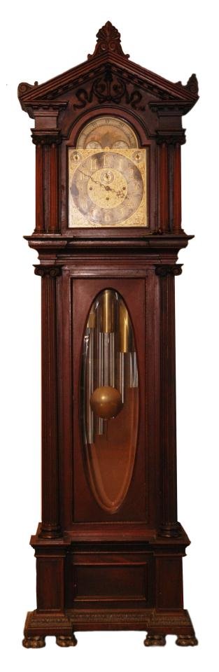 ANTIQUE ELLIOT OF LONDON 9 TUBE GRANDFATHER CLOCK: This massive hall clock was manufactured in London, England by J.J. Elliott, LTD famous for these tubular giants. The bonnet top is fitted with rocaille, carved pediment, dentil moulded frieze and fou