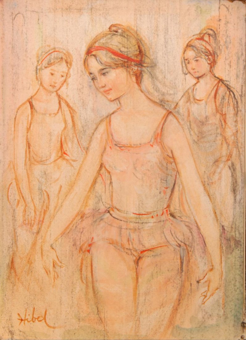 EDNA HIBEL OIL PAINTING ON LINEN PANEL BALLERINAS: Edna Hibel (AMERICAN, 1917) oil painting on linen panel depicting three ballerinas. Signed lower left. Measures 9 1/2" height x 7" width + 1 7/8" mat & frame (24.1cm x 17.8cm + 4.7cm).