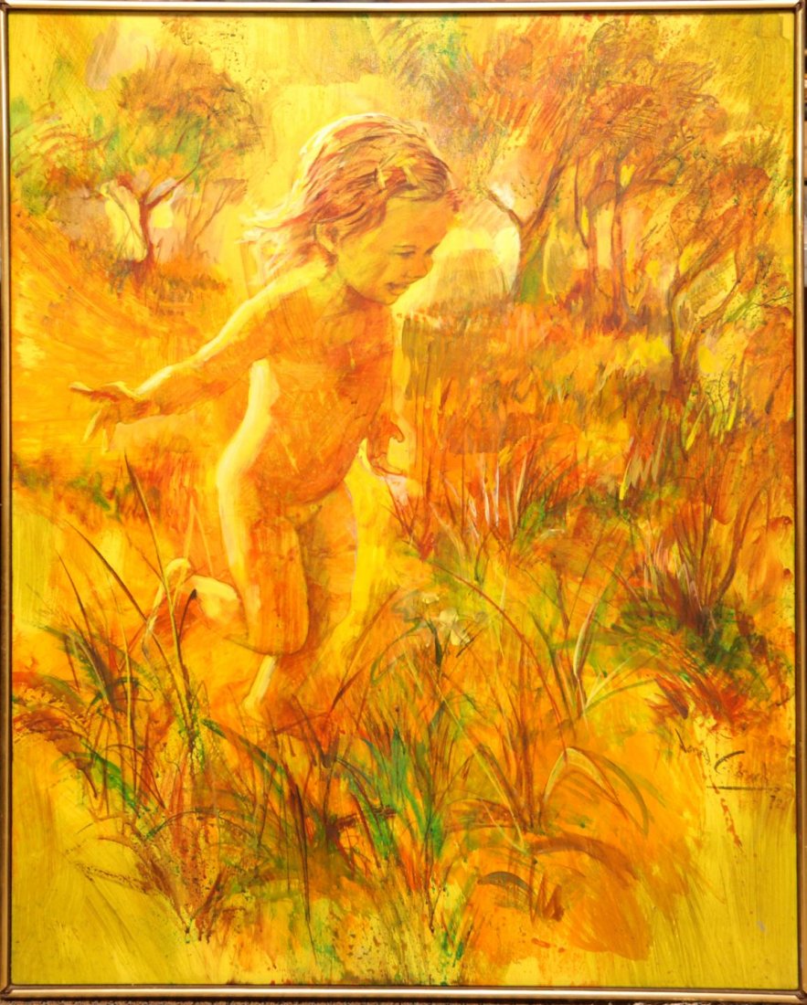 JONAS GERARD OIL PAINTING ON CANVAS OF YOUNG GIRL: Jonas Gerard (North Carolina, 1941 - ) oil painting on canvas depicting a young girl running through a field of grass. Titled "Joie de Vivre" (Exhileration). Signed lower right. Measures 39" height x