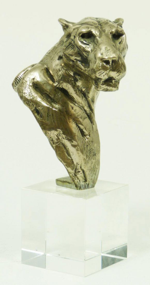 DYLAN LEWIS LIMITED EDITION LEOPARD HEAD MAQUETTE: Dylan Lewis (SOUTH AFRICAN, 1964) limited edition leopard head maquette constructed of copper nickel. Signed Dylan Lewis and numbered 6/28. Mounted on perspex base. Measures 4 3/8" height x 2 3/8" wid