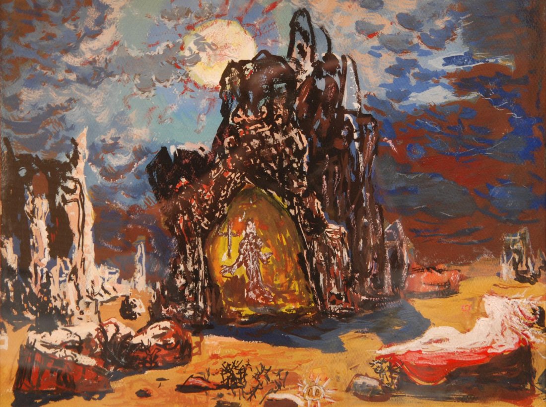 EUGENE GUSTAVOVICH MIXED MEDIA ON PAPER: Eugene Gustavovich Berman (RUSSIAN 1899-1972) mixed media gouache on paper depicting a scene with a man in a cave. E.B. initials to lower center. Measures 14" height x 18 1/2" width x 3" mat & frame (