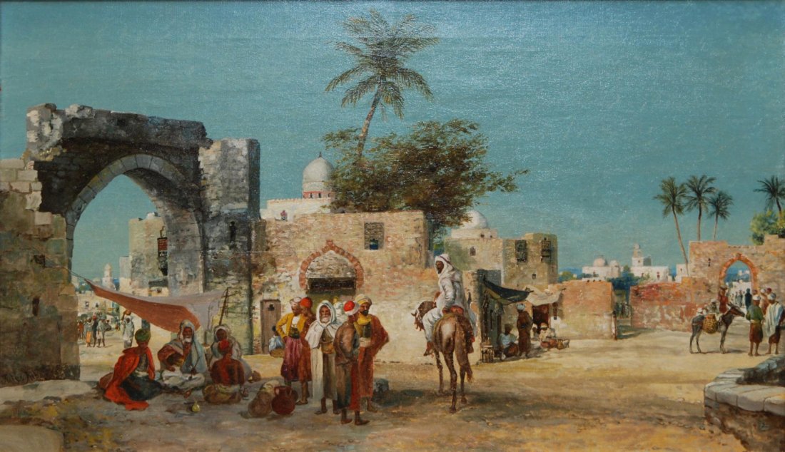 JULES RIBARD OIL ON CANVAS OF ARABIAN CITY SCENE: Jules Ribard (FRENCH) oil painting on canvas depicting an Arabian cityscape scene with Bedouin figures. Signed Jules Ribard to lower left. Measures 18" height x 30" width + 5" mat & frame (45.7cm x 76