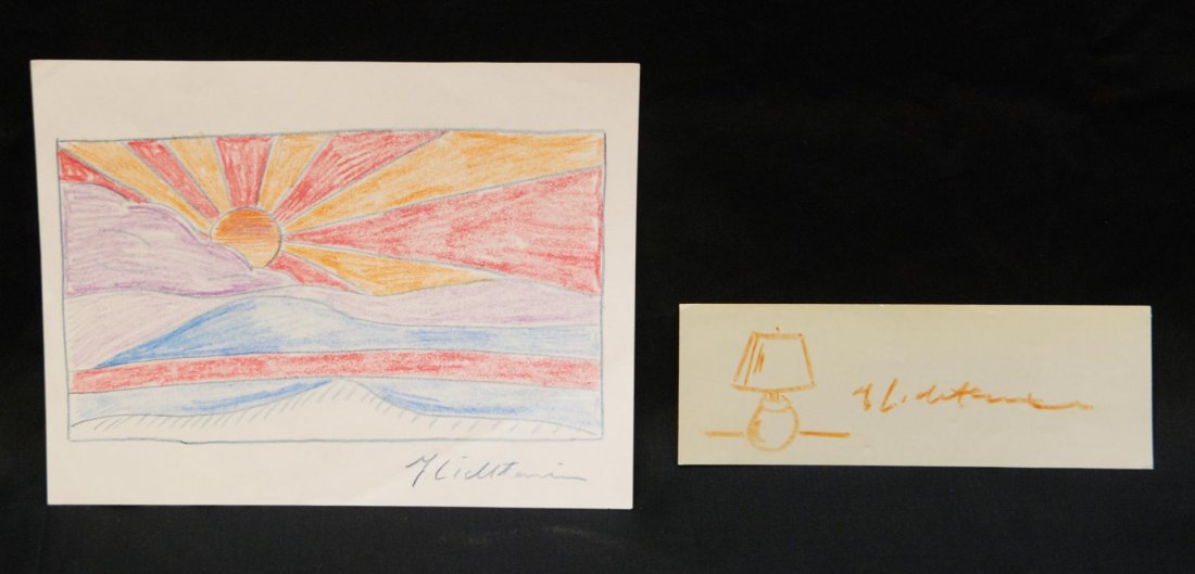 2pcs ROY LICHTENSTEIN SKETCHES LAMP & SUNRISE: 2 sketches attributed to Roy Lichtenstein (AMERICAN, 1923-1997). One depicting a lamp measuring 2 3/8" height x 7" width (6cm x 17.8cm) and the next depicting a sunrise measuring 6 5/8" height x 8 1/2