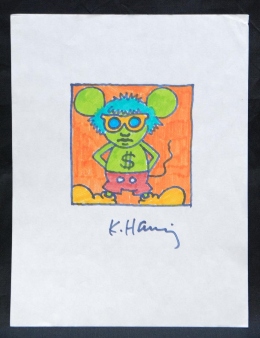 KEITH HARING MOUSE MARKER SKETCH: 'Mouse' marker sketch attributed Keith Haring (AMERICAN, 1958-1990). Signed to lower center K. Haring. Measures 10 1/4" x 7 3/4" width (26cm x 19.6cm).