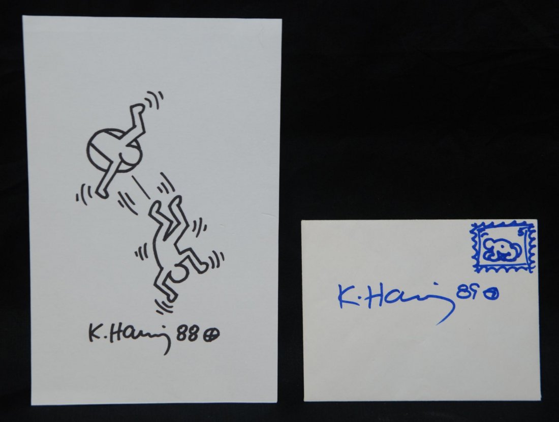 2 KEITH HARING MARKER SKETCHES: 2 marker sketches attributed to Keith Haring (AMERICAN, 1958-1990). One on an envelope signed K. Haring '89 to center with drawn stamp to upper right measuring 4 1/4" height x 5 1/2" width (10.7cm x 1