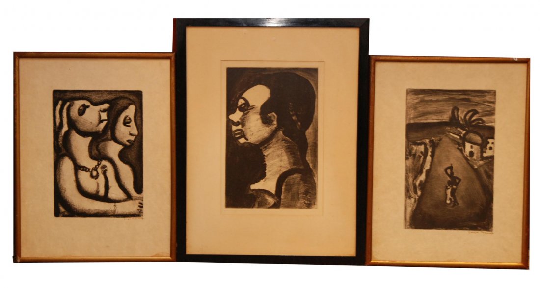 GEORGES ROUAULT 3pc SUITE 2 ETCHINGS & ENGRAVING: Georges Rouault (FRENCH, 1871-1958) 3 piece suite containing two etchings and an engraving. The engraving depicting the profile of a woman. One etching depicts a landscape scene with a mother and chil