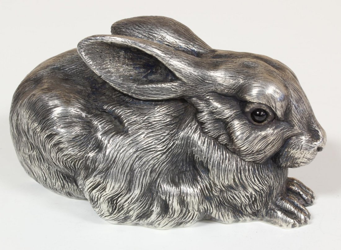 RUSSIAN SILVER RABBIT FIGURE: Russian silver rabbit figure having cabochon cut garnet jewels set to eyes. Holds town marks and 84 silver purity marks to bottom. Also holding Julius Rappoport workmaster marks to bottom. Measures 4 