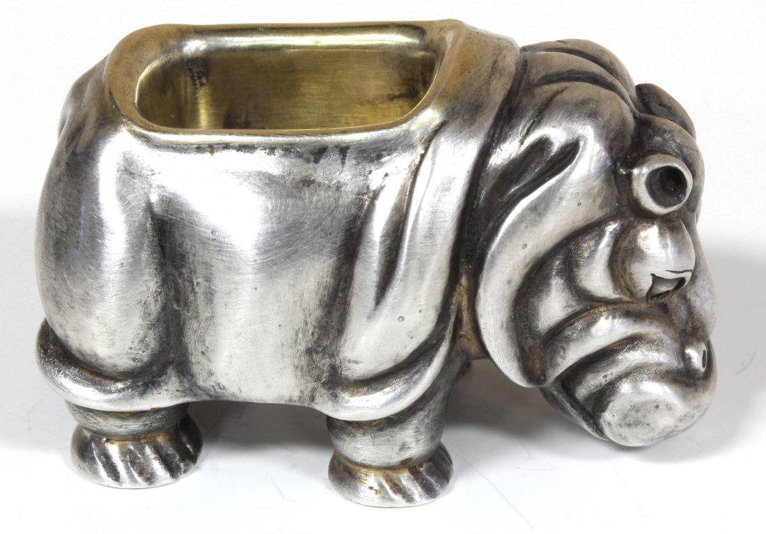 RUSSIAN SILVER FIGURAL HIPPO SALT CELLAR: Russian silver standing figural hippopotamus salt cellar having cabochon cut ruby jewels set to eyes and gold wash to bowl. Gold wash interior. Holds town marks and 84 silver purity marks to bowl inte
