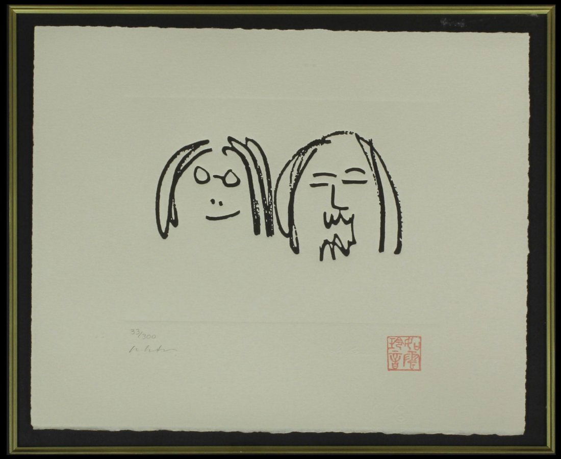 JOHN LENNON 'OH MY LOVE' LIMITED EDITION SERIGRAPH: John Lennon (BRITISH, 1940-1980) limited edition serigraph depicting the visages of Yoko Ono and John Lennon. Titled "Oh my Love". Signed with red seal to lower right. Pencil signed lower left and num