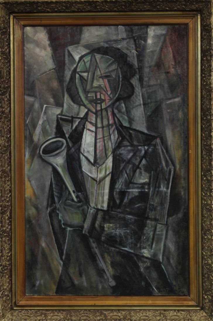 LEONARD TSUGUHARU FOUJITA CUBIST OIL ON CANVAS: Léonard Tsuguharu Foujita (FRENCH/JAPANESE, 1886-1968) cubist oil painting on canvas depicting a person holding a horn instrument. Signed lower right. Measures 36" height x 22" height + 3" mat & fram
