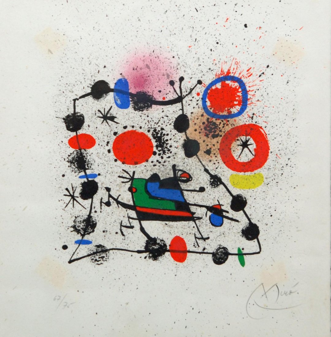 JOAN MIRO PENCIL SIGNED AQUATINT ON RIVES PAPER: Joan Miró (SPANISH, 1893-1983) pencil signed aquatint depicting a multicolor abstract design on Rives BFK paper. Pencil signed lower right. Pencil signed lower left 67/75. Measures 13" height x 13 1/
